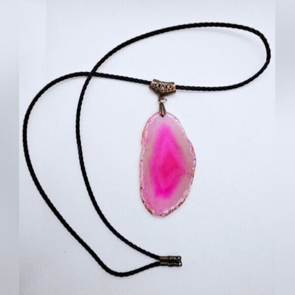 Pendant With Agate Fuchsia and Choker in Cord Black - Pendant Stone Semiprecious - Picture 1 of 9
